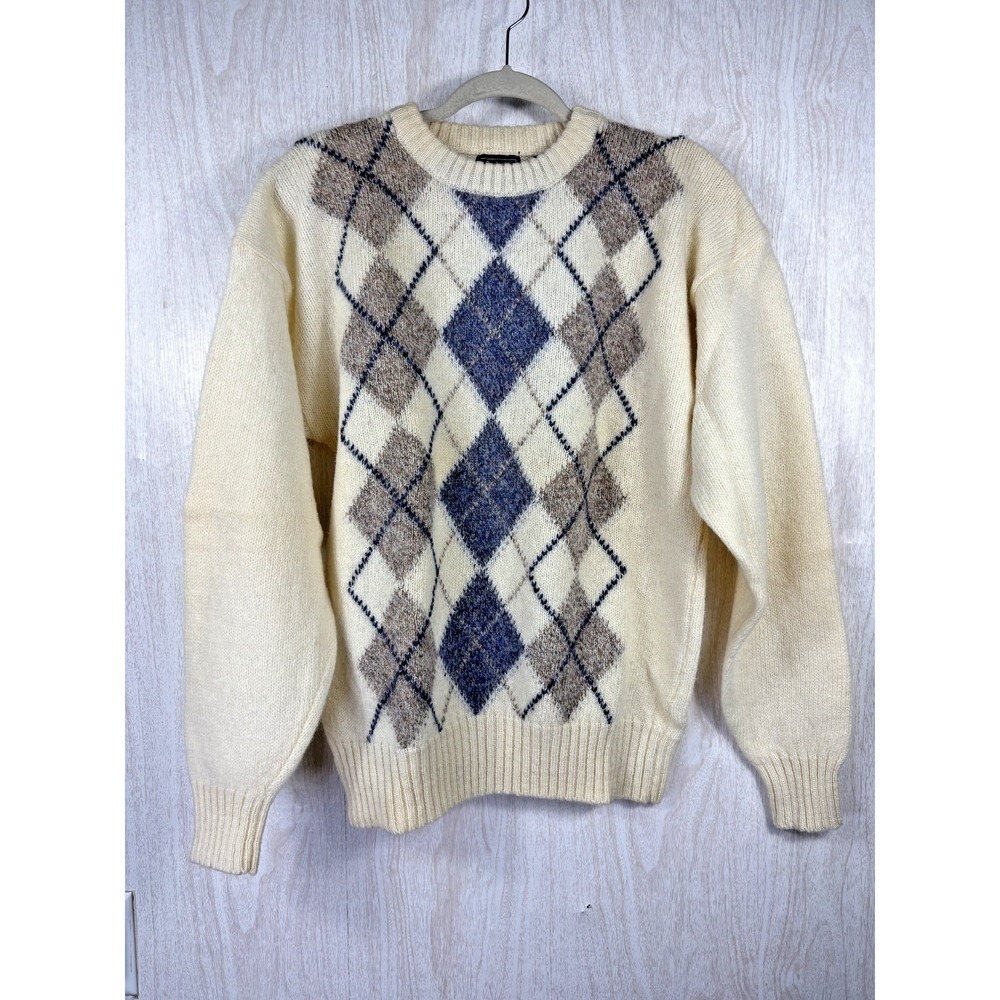 Vintage Cambridge Argyle Sweater L Shetland Wool Ivory Blue Preppy 80s Classic